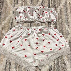 White Satin Heart-Print Bandeau & Shorts Sleep Set